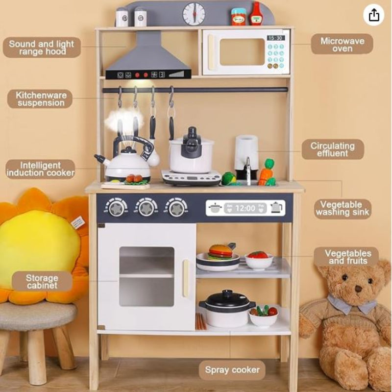 BESTATMTOY Kitchen for Kids, Wooden Kids Play Kitchen Playset Chef Pretend Play Set for Toddlers with Real Lights & Sounds, Toys Kitchen with Toy Food