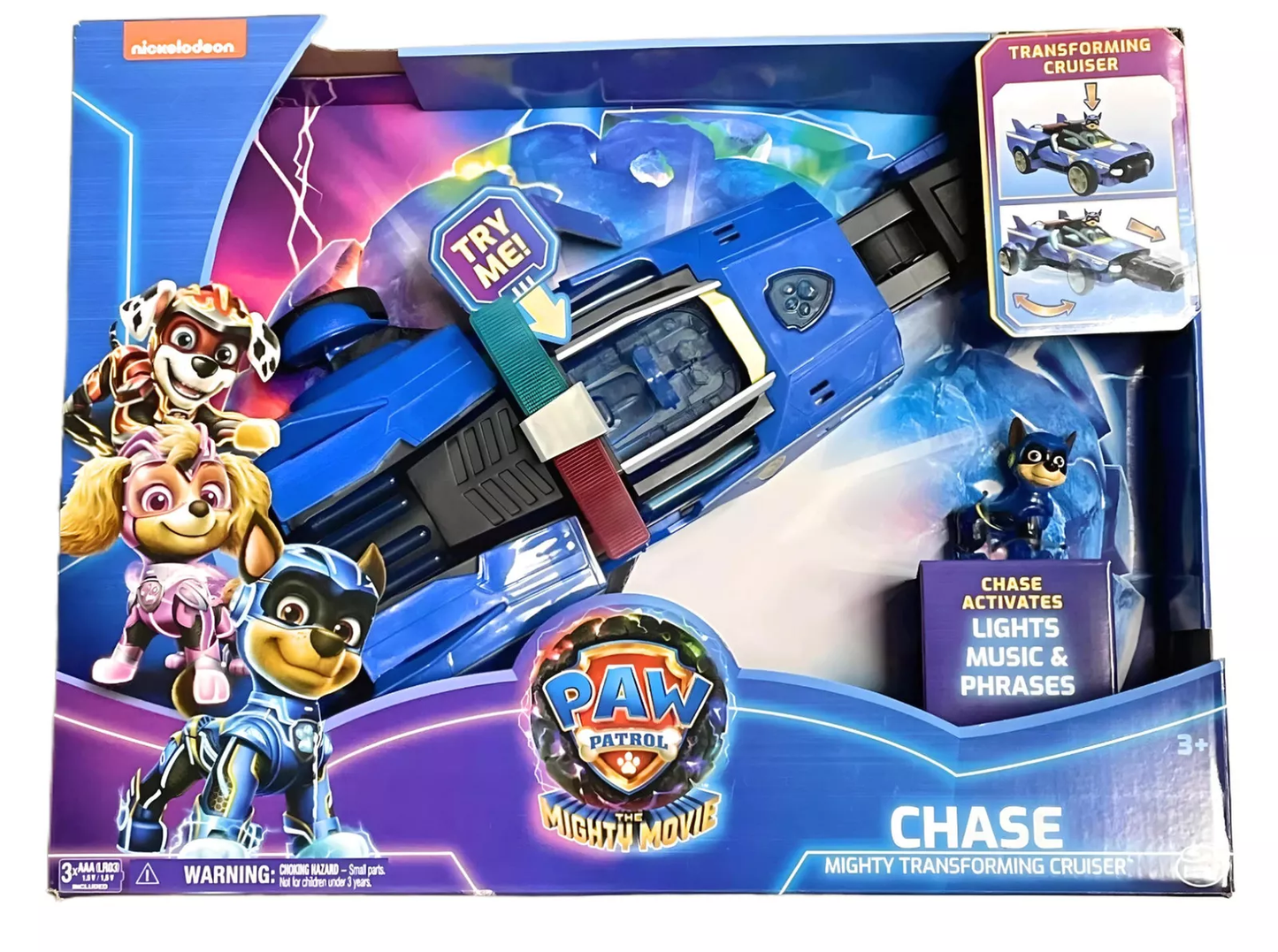 PAW Patrol: The Mighty Movie, Chase’s Mighty Transforming Cruiser with Mighty Pups Action Figure, Lights and Sounds