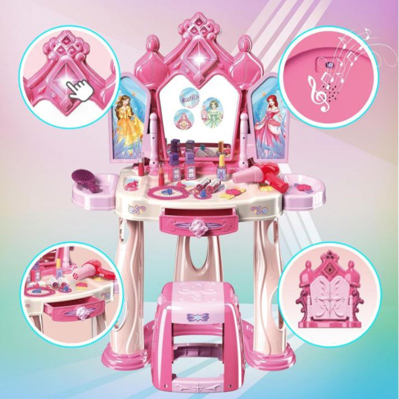 Pretend Play Girls Makeup Table Set with Stool，Open Doors by Gestures，Kids Vanity Set with Lights and Music，Toddler Beauty Salon Set with Makeup Accessories & Hair Dryer