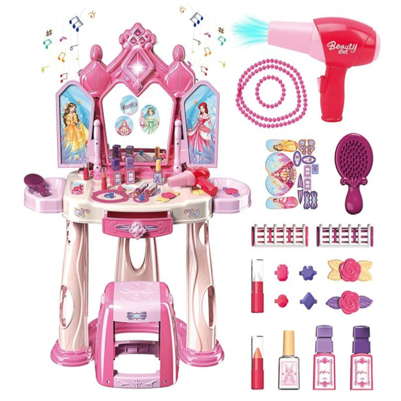 Pretend Play Girls Makeup Table Set with Stool，Open Doors by Gestures，Kids Vanity Set with Lights and Music，Toddler Beauty Salon Set with Makeup Accessories & Hair Dryer
