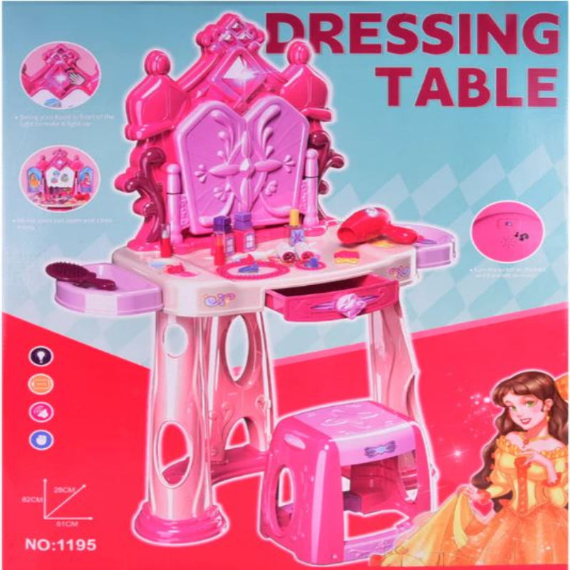 Pretend Play Girls Makeup Table Set with Stool，Open Doors by Gestures，Kids Vanity Set with Lights and Music，Toddler Beauty Salon Set with Makeup Accessories & Hair Dryer