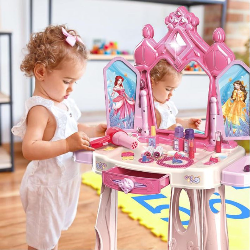 Pretend Play Girls Makeup Table Set with Stool，Open Doors by Gestures，Kids Vanity Set with Lights and Music，Toddler Beauty Salon Set with Makeup Accessories & Hair Dryer