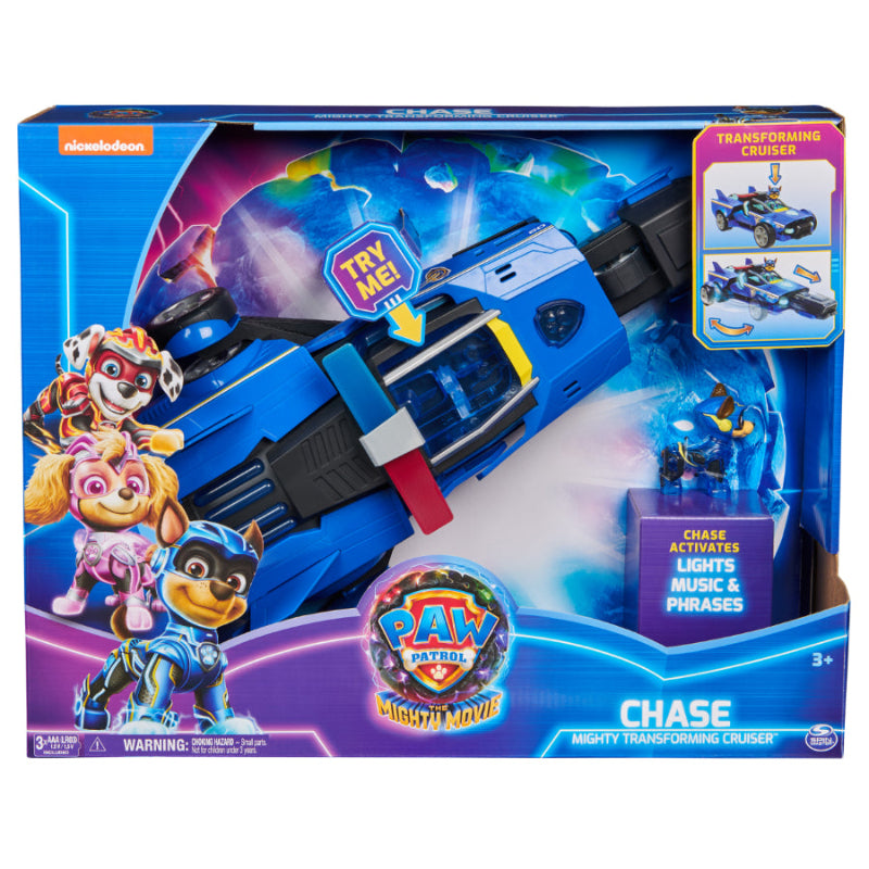 PAW Patrol: The Mighty Movie, Chase’s Mighty Transforming Cruiser with Mighty Pups Action Figure, Lights and Sounds
