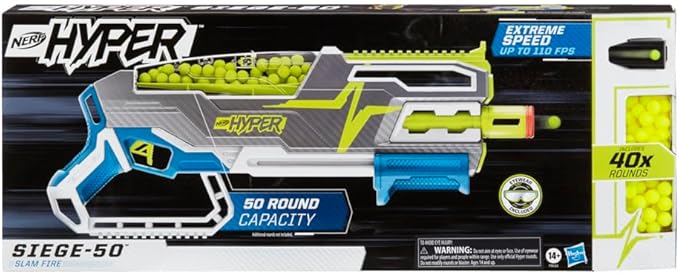 Nerf Hyper Siege-50 Pump-Action Blaster, 40 Hyper Rounds, Holds Up to 50 Rounds, Glasses, Up to 110 FPS Velocity, Easy Reload, Toy Foam Blasters