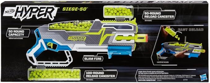 Nerf Hyper Siege-50 Pump-Action Blaster, 40 Hyper Rounds, Holds Up to 50 Rounds, Glasses, Up to 110 FPS Velocity, Easy Reload, Toy Foam Blasters