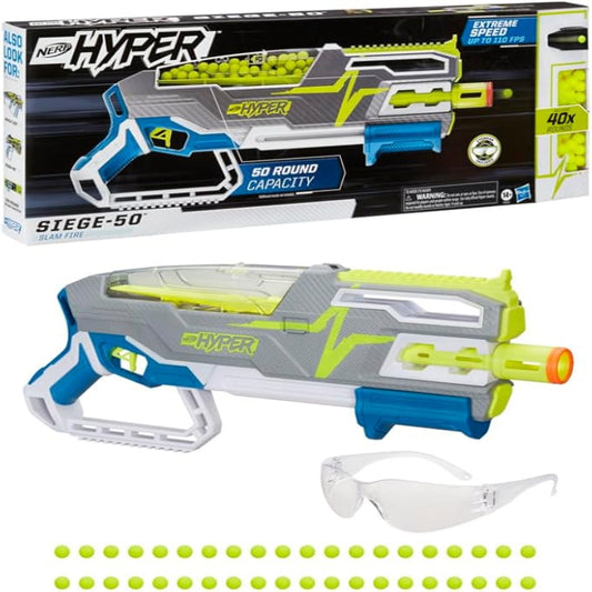 Nerf Hyper Siege-50 Pump-Action Blaster, 40 Hyper Rounds, Holds Up to 50 Rounds, Glasses, Up to 110 FPS Velocity, Easy Reload, Toy Foam Blasters