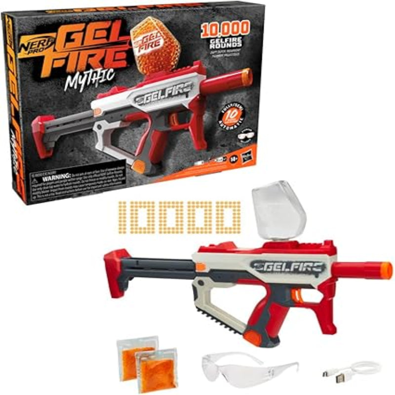 Nerf Pro Gelfire Mythic Full Auto Blaster & 10,000 Gelfire Rounds, 800 Round Hopper, Rechargeable Battery, Eyewear