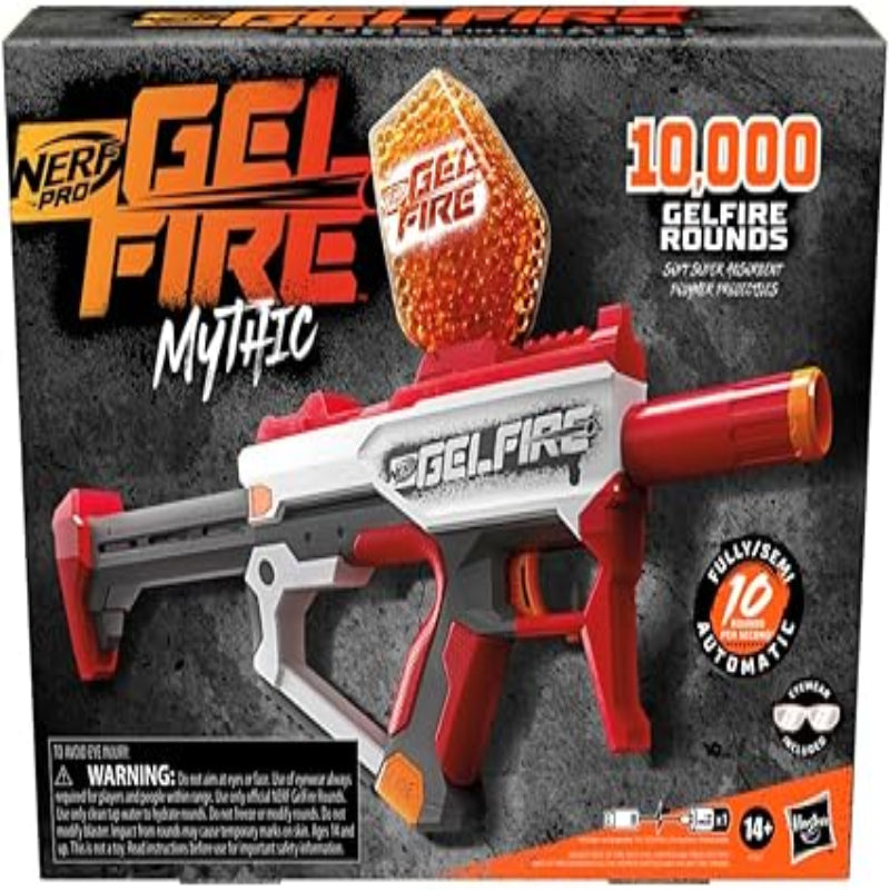 Nerf Pro Gelfire Mythic Full Auto Blaster & 10,000 Gelfire Rounds, 800 Round Hopper, Rechargeable Battery, Eyewear