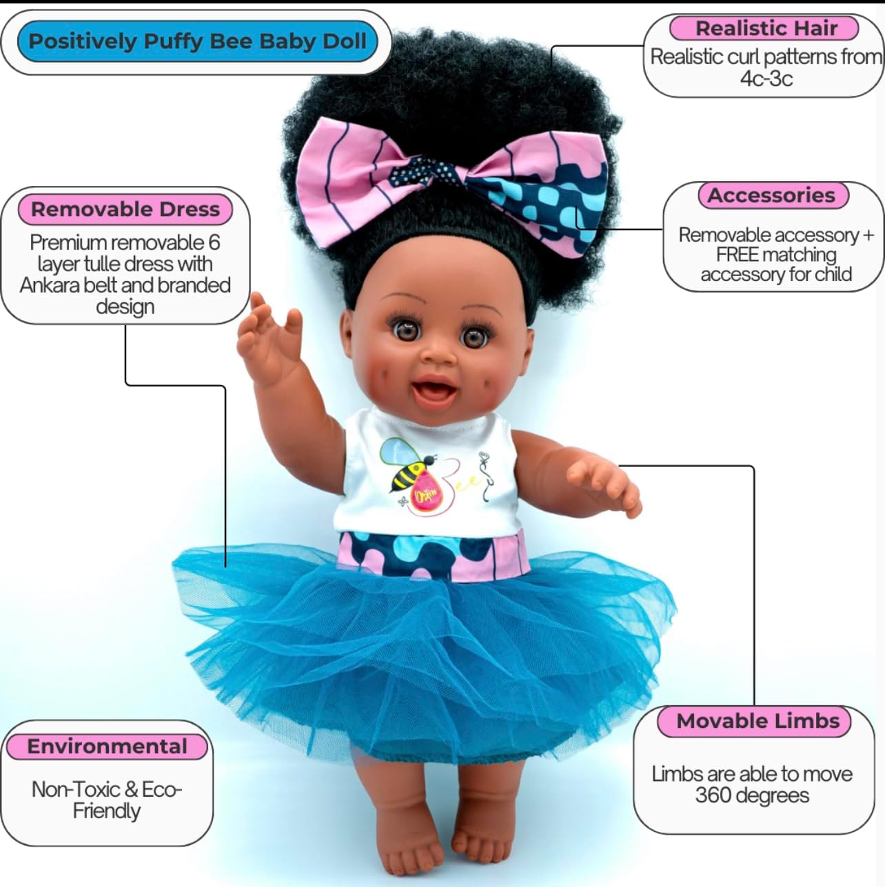 Orijin Bees Positively Puffy Baby Bee Doll - Black Hair with Brown Eyes