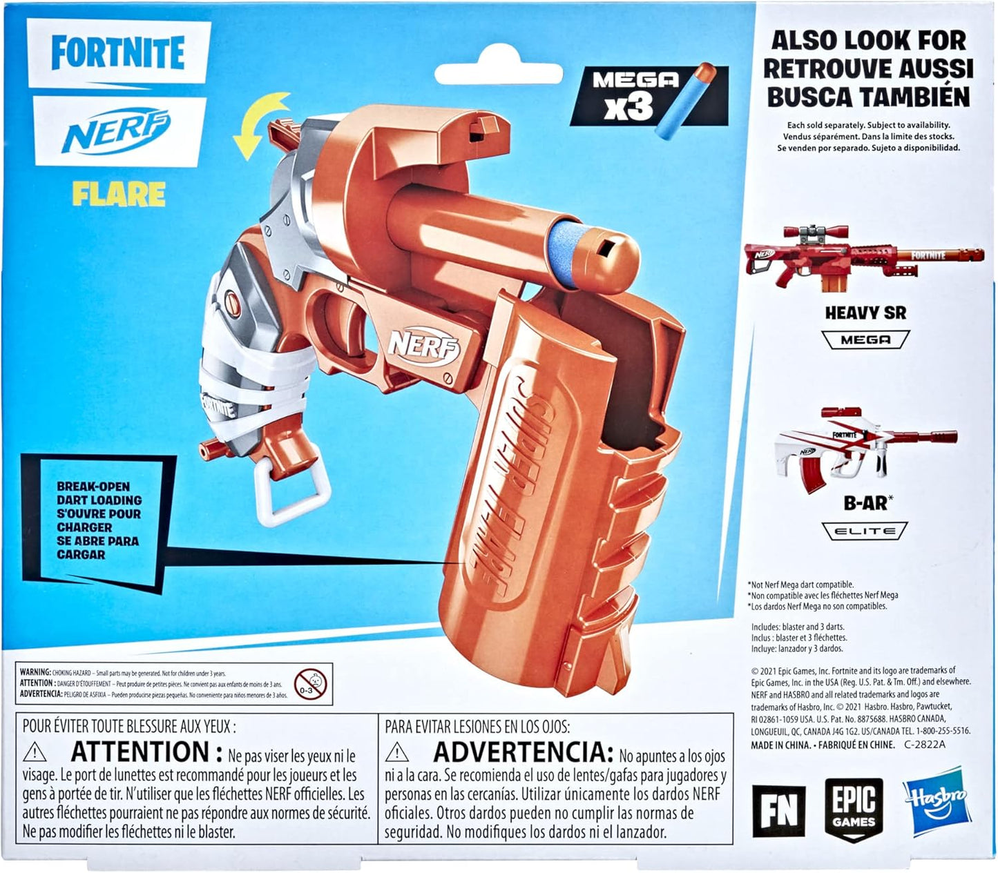 Nerf Fortnite Flare Dart Blaster, Break-Open Dart Loading, Includes 3 Nerf Mega Darts That Whistle Through The Air, Pull-Down Priming Handle