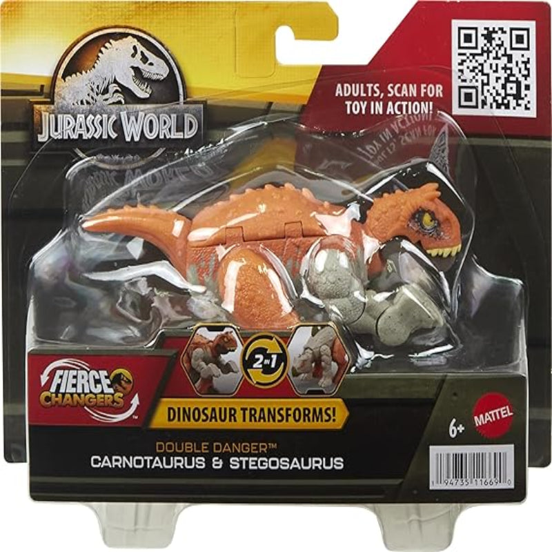 Mattel Jurassic World Fierce Changers 2-in-1 Dinosaur Figure, Double Danger Transforming Toy, Carnotaurus to Stegosaurus, 11 Steps
