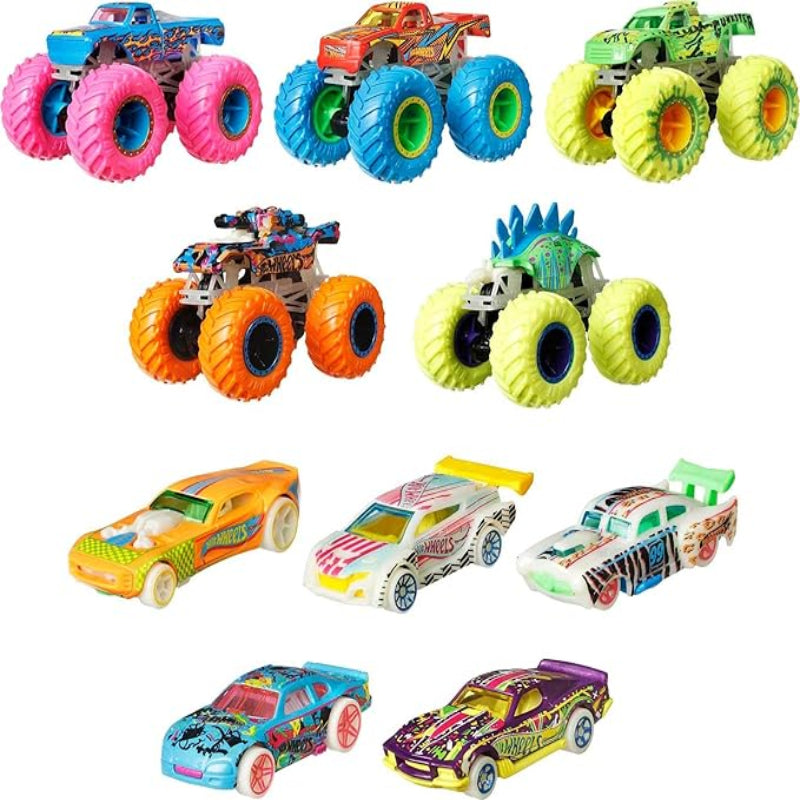 Hot Wheels Toy Monster Trucks 10-Pack of Glow-in-The-Dark 1:64 Scale Vehicles, GITD Set of 5 Trucks & 5 Cars, Play Vehicles for Kids & Collectors