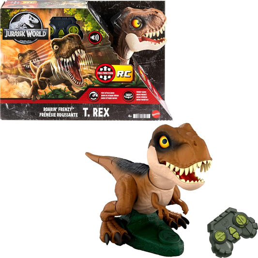 Mattel Jurassic World RC Dinosaur Toy, Roarin’ Frenzy T Rex Dino with Sound & 2 Modes, Full-Function Remote Control, Attack or Spin