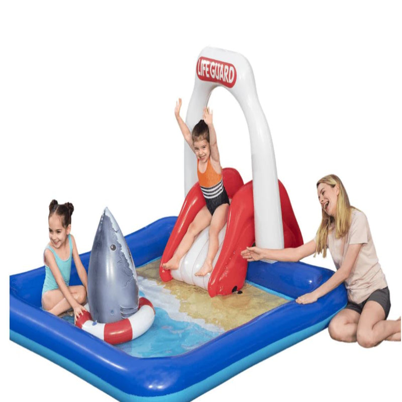 Lifeguard Tower Pool for Kids| Inflatable pool with Detachable Water Slide and Sprinkler | Landing Cushion and Floating Shark Bop bag| 7.6ft X 6.6ft X 4.2 ft