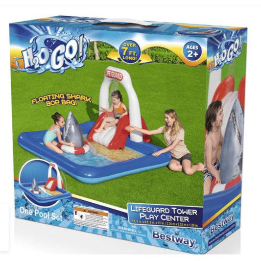 Lifeguard Tower Pool for Kids| Inflatable pool with Detachable Water Slide and Sprinkler | Landing Cushion and Floating Shark Bop bag| 7.6ft X 6.6ft X 4.2 ft