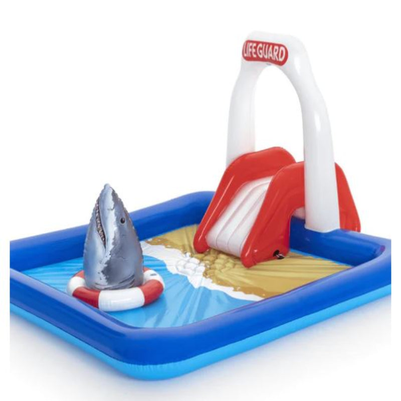 Lifeguard Tower Pool for Kids| Inflatable pool with Detachable Water Slide and Sprinkler | Landing Cushion and Floating Shark Bop bag| 7.6ft X 6.6ft X 4.2 ft