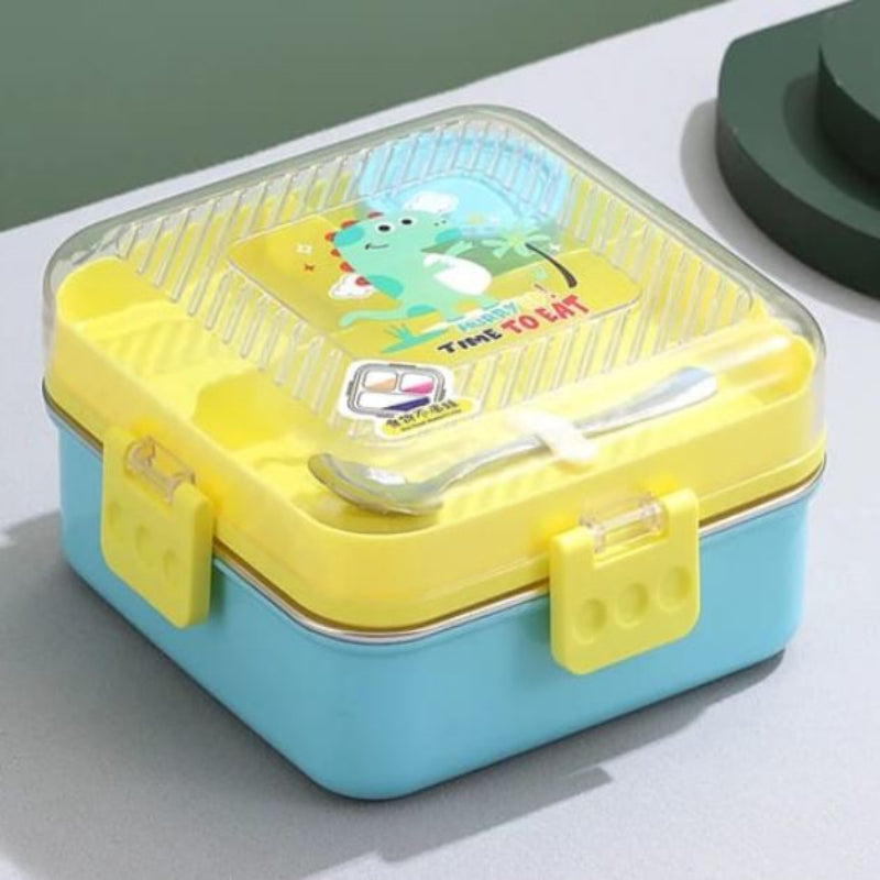 2-Layer Stainless Steel Lunch Box with 3 Compartments, Sauce Bowl & Spoon