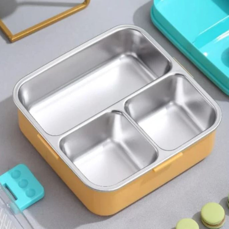 2-Layer Stainless Steel Lunch Box with 3 Compartments, Sauce Bowl & Spoon