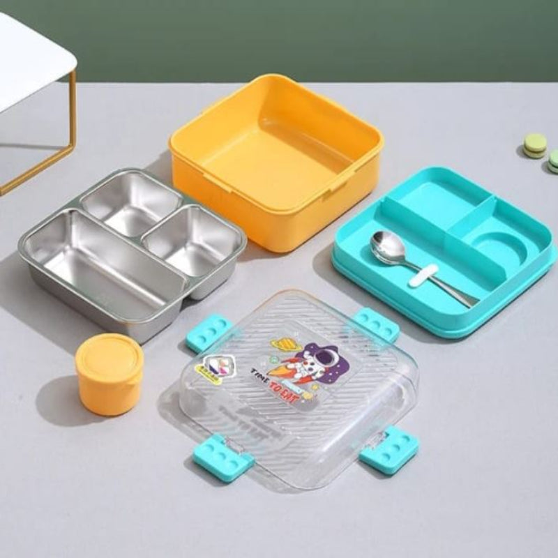 2-Layer Stainless Steel Lunch Box with 3 Compartments, Sauce Bowl & Spoon