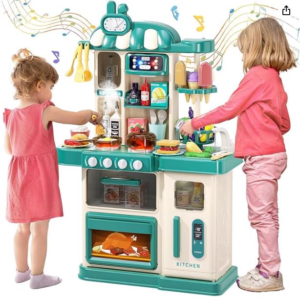 47PCS Kids Kitchen Playset with Sound & Light, Cooking Stove with Steam, Play Sink and Toy Kitchen Accessories - Pretend Kitchen Play Food Toys for Boys and Girls, Toddler Kitchen Set
