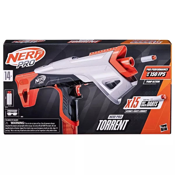 Nerf Pro Torrent Half-Length Dart Blaster, 150 FPS, 15 Nerf Pro Half-Length Darts, 15-Dart Magazine, Pump Action, Eyewear, Gifts for Teens, 14+