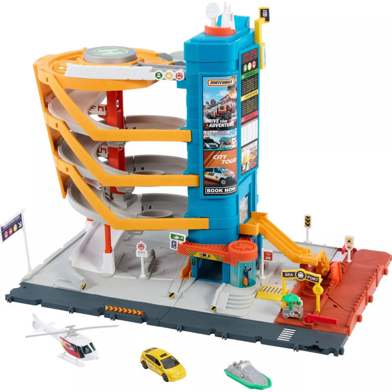 Matchbox Toy Vehicles & Playset, Transportation Center with 5 Levels, Kid- & Car-Activated Features, 1:64 Scale Taxi, Boat & Helicopter & Food Vendor
