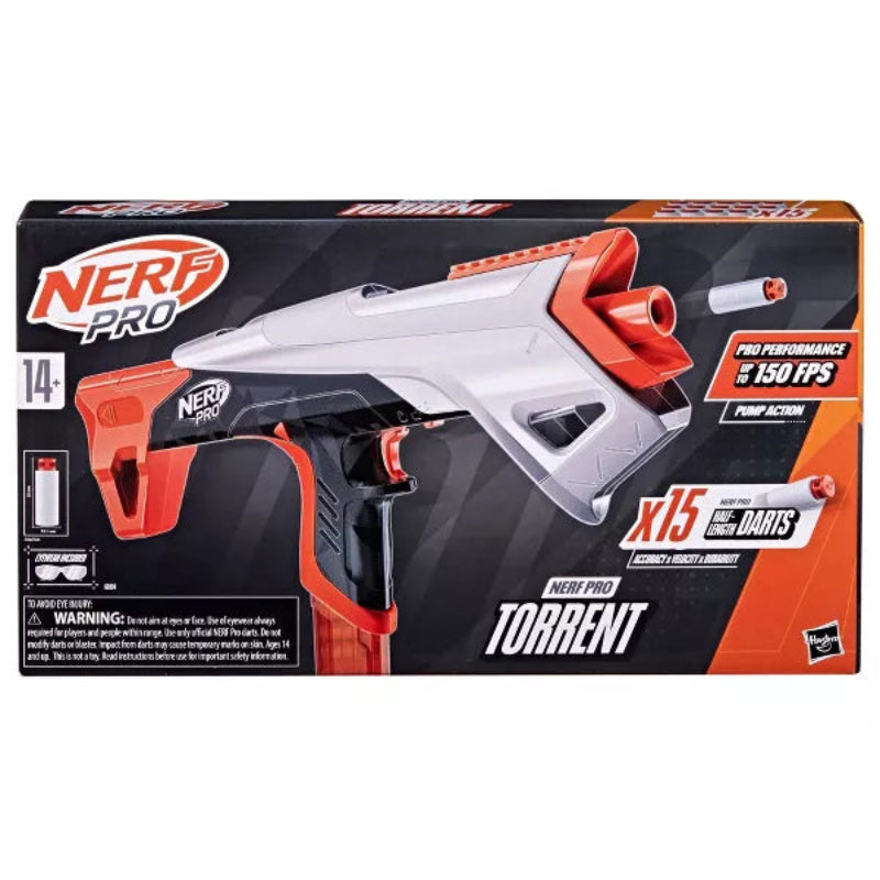 Nerf Pro Torrent Half-Length Dart Blaster, 150 FPS, 15 Nerf Pro Half-Length Darts, 15-Dart Magazine, Pump Action, Eyewear