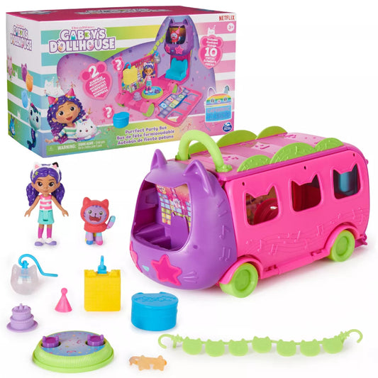 Gabby’s Dollhouse Celebration Party Bus, Transforming Playset with Gabby & DJ Catnip Toy Figures & Dollhouse Accessories