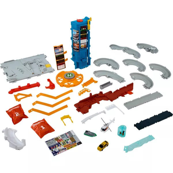 Matchbox Toy Vehicles & Playset, Transportation Center with 5 Levels, Kid- & Car-Activated Features, 1:64 Scale Taxi, Boat & Helicopter & Food Vendor