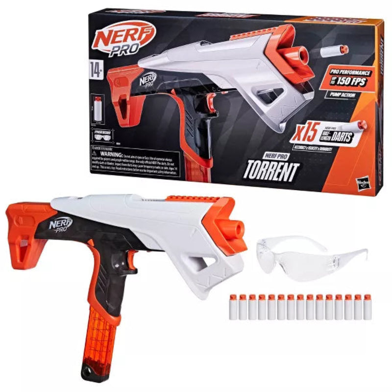 Nerf Pro Torrent Half-Length Dart Blaster, 150 FPS, 15 Nerf Pro Half-Length Darts, 15-Dart Magazine, Pump Action, Eyewear