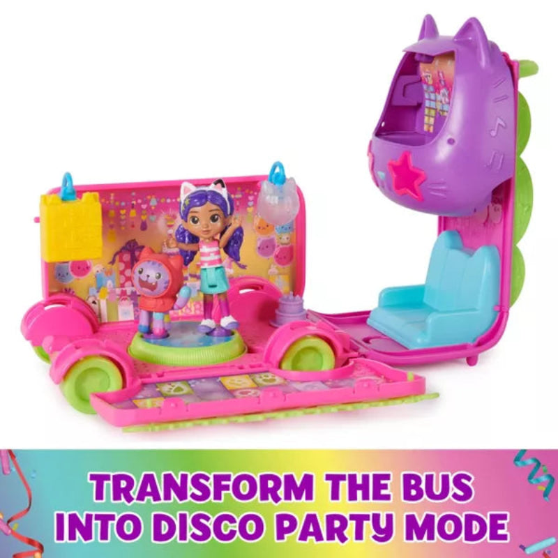 Gabby’s Dollhouse Celebration Party Bus, Transforming Playset with Gabby & DJ Catnip Toy Figures & Dollhouse Accessories