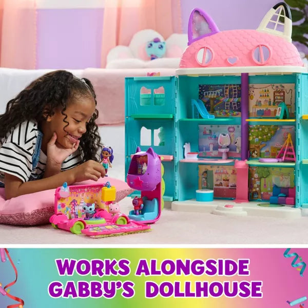 Gabby’s Dollhouse Celebration Party Bus, Transforming Playset with Gabby & DJ Catnip Toy Figures & Dollhouse Accessories