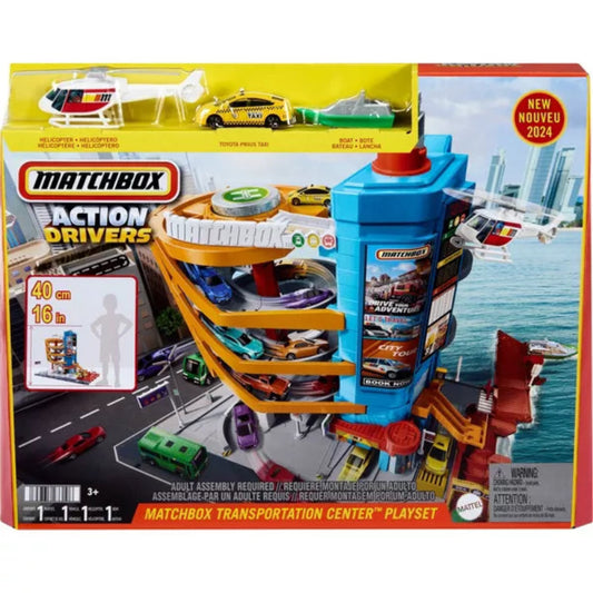 Matchbox Toy Vehicles & Playset, Transportation Center with 5 Levels, Kid- & Car-Activated Features, 1:64 Scale Taxi, Boat & Helicopter & Food Vendor