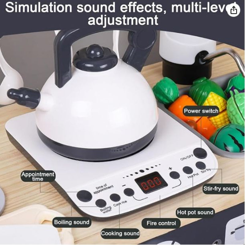 BESTATMTOY Kitchen for Kids, Wooden Kids Play Kitchen Playset Chef Pretend Play Set for Toddlers with Real Lights & Sounds, Toys Kitchen with Toy Food