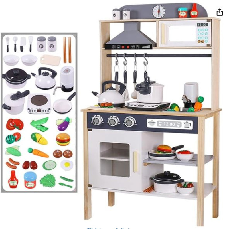 BESTATMTOY Kitchen for Kids, Wooden Kids Play Kitchen Playset Chef Pretend Play Set for Toddlers with Real Lights & Sounds, Toys Kitchen with Toy Food