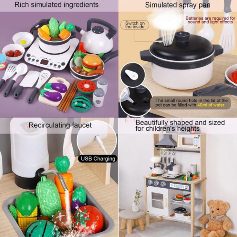BESTATMTOY Kitchen for Kids, Wooden Kids Play Kitchen Playset Chef Pretend Play Set for Toddlers with Real Lights & Sounds, Toys Kitchen with Toy Food