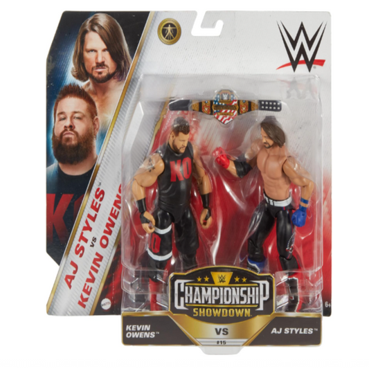 WWE Championship Showdown 2-Pack Action Figures & Accessory, Series #15 Kevin Owens vs AJ Styes Collectible Set, 6-inch