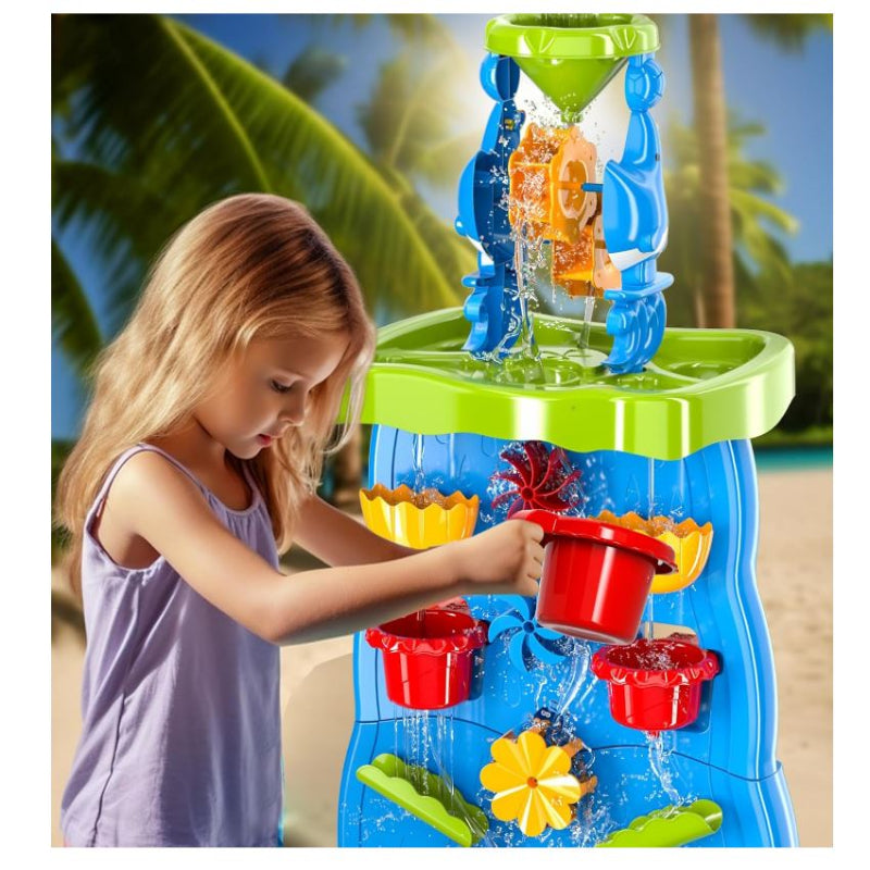 Toddlers Water Table Waterfall-like Wall - Double-Sided Water Sand Table for Kids, 32 PCS Outdoor Toys for Toddlers Age 3-8, Activity Sensory Table Summer Toys for Boys Girls Ages 4-8