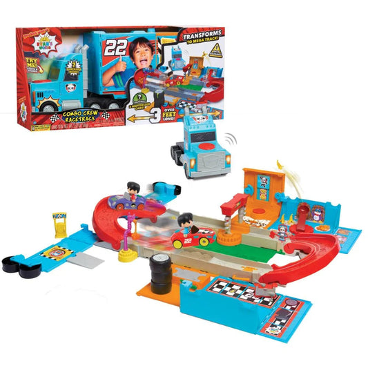 Ryan’s World Racetrack Combo Crew Truck to Megatrack 2 Motorized Cars 3 FT Long